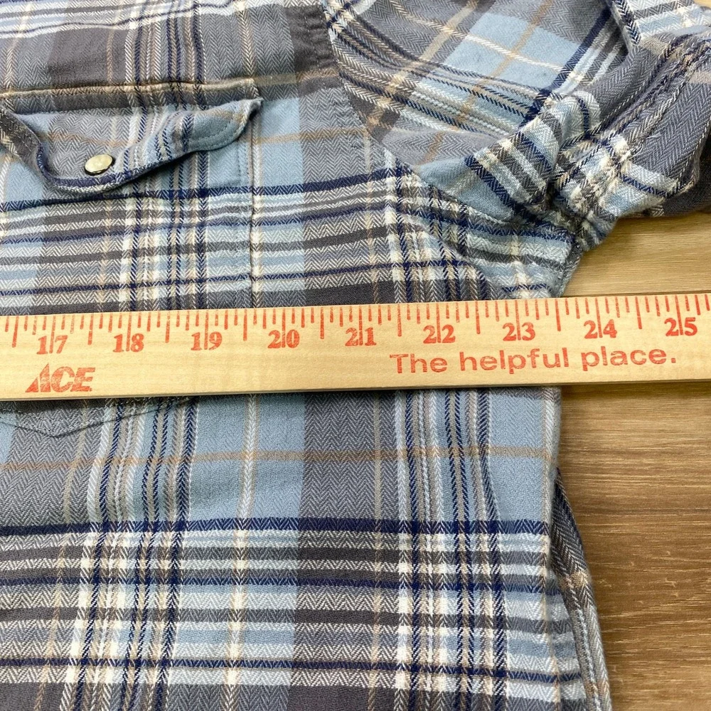 Lucky Brand Western Shirt Mens XL Plaid Saturday Stretch Pearl Snap Blue Grey - Picture 8 of 9